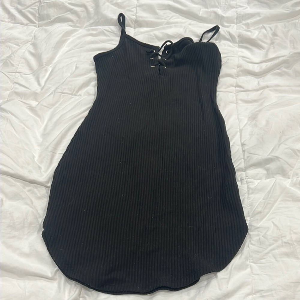 Full Tilt Black Ribbed Dress with Lace-Up Front